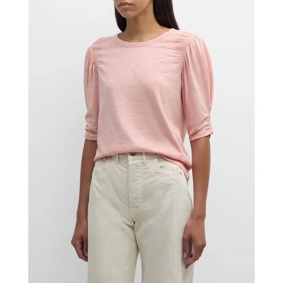 Veronica Beard Jessa Ruched-Sleeve Tee – Rosebloom Pink - Picture 1 of 7